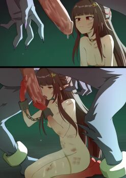 1girl after_vaginal animal_penis bad_end bad_tag bestiality breasts brown_hair crying cuffs cum defeat fellatio female female_focus fur highres honkai:_star_rail honkai_(series) kneeling large_penis licking licking_penis lingsha_(honkai:_star_rail) long_hair looking_at_penis male medium_breasts mihoyo multiple_views nipples nude oral penis pussy rape sex shackles tears thighs torn_clothes uncensored yamomo yamomono
