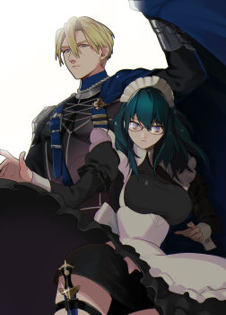 1boy 1girl apron bespectacled black_dress black_shorts blonde_hair blue_cape blue_eyes breasts cape closed_mouth commentary_request dagger dimitri_alexandre_blaiddyd dress emcgame female_byleth_(fire_emblem) fire_emblem fire_emblem:_three_houses from_below garreg_mach_monastery_uniform glasses knife large_breasts long_sleeves maid maid_(fire_emblem:_three_houses) maid_apron maid_headdress medium_hair nintendo puffy_long_sleeves puffy_sleeves short_hair short_shorts shorts side_cape skindentation thigh_strap thighs waist_apron weapon