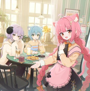 3girls :d ahoge animal_ear_fluff animal_ears apron bendy_straw black_skirt blue_apron blue_hair blush bow braid brown_bow brown_eyes brown_shirt brown_skirt cafe cat_ears cat_girl cat_tail ceiling_light chair closed_mouth coffee collared_shirt cup curled_horns drink drinking_glass drinking_straw flower food fork frilled_apron frills green_eyes hair_bow hair_ornament hairclip hanging_light highres holding hood hood_down horns indoors jacket long_hair long_sleeves looking_at_viewer low_twintails menu multiple_girls on_chair open_mouth original own_hands_together pink_apron pink_hair plant plate potted_plant puffy_long_sleeves puffy_sleeves purple_hair shirt shnva sitting skirt sleeves_past_wrists smile socks spoon striped_clothes striped_shirt table tail thighhighs twin_braids twintails utensil_in_mouth vertical-striped_clothes vertical-striped_shirt very_long_hair white_jacket window yellow_eyes yellow_shirt