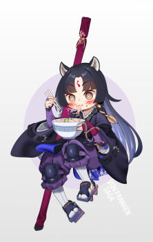 Rule 34 | 1girl, absurdres, animal ears, arknights, beads, black hair, blush, bowl, brown eyes, chinese commentary, chopsticks, dog ears, eating, facial mark, food, forehead mark, highres, holding, holding chopsticks, japanese clothes, knee guards, long hair, noodles, saga (arknights), sandals, socks, solo, star-shaped pupils, star (symbol), symbol-shaped pupils, von.franken, white socks