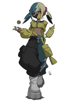 1girl aqua_hair bandeau black_mask black_pants blonde_hair blue_nails blue_pants boots breasts canari_(pokemon) center-flap_bangs criss-cross_halter criss-cross_straps crop_top full_body gen_4_pokemon halterneck highres ida_(idalol490) jacket looking_at_viewer mask medium_breasts mega_stone mouth_mask multicolored_hair navel nintendo pants poke_ball pokemon pokemon_(creature) pokemon_legends:_z-a quick_ball rotom rotom_phone short_twintails simple_background split-color_hair stomach twintails two-tone_hair two-tone_mask two-tone_pants white_background white_boots yellow_bandeau yellow_jacket yellow_mask yellow_nails