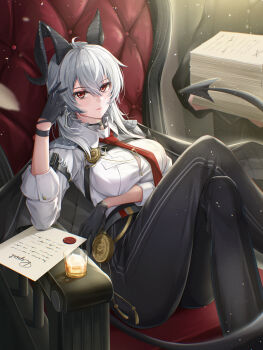 1girl 1other absurdres arm_pouch arm_under_breasts black_choker black_gloves black_horns black_jacket black_pants breasts button_gap chest_harness choker closed_mouth collared_shirt commentary crossed_legs cup curled_horns demon_tail drinking_glass earrings elbow_rest gloves hair_between_eyes hand_up harness highres holding holding_paper horns indoors jacket jacket_on_shoulders jewelry key_earrings large_breasts long_hair looking_at_viewer necktie pants paper paper_stack pouch red_eyes red_necktie shirt sitting sleeves_rolled_up solo_focus tail wax_seal white_hair wine_glass wuthering_waves yuheng-art zani_(wuthering_waves)