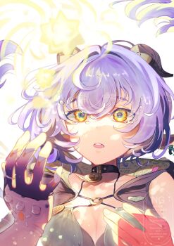 Rule 34 | 1girl, animal ears, black choker, black gloves, black unitard, blue hair, breasts, choker, cleavage, commentary request, gloves, goat ears, goat girl, goat horns, highres, horns, lucia elowen, mole, mole on arm, parted lips, short hair, solo, tears, upper body, usagiii e, yellow eyes, zenless zone zero