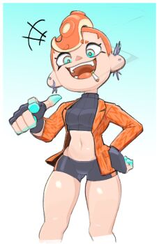 1girl aqua_eyes bike_shorts black_gloves black_shorts breasts cigarette colored_extremities commentary critatonic crop_top ear_piercing earrings fingerless_gloves gloves gluteal_fold gradient_background hand_on_own_hip jewelry laughing medium_breasts midriff mohawk multicolored_eyes navel nintendo octoling_girl octoling_player_character open_mouth orange_eyes orange_hair piercing pointing pointing_at_viewer short_shorts shorts smile smoke smoking solo splatoon_(series) splatoon_3 tentacle_hair thighs turtleneck
