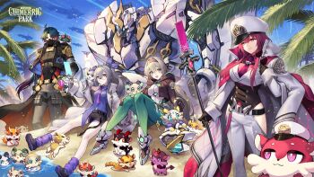 1boy 3girls alternate_costume black_gloves black_shoes black_shorts blade_(honkai:_star_rail) bodysuit closed_mouth coat firefly_(honkai:_star_rail) glasses gloves grey_hair highres honkai:_star_rail honkai_(series) hoyofair jacket kafka_(honkai:_star_rail) knees_up long_hair long_sleeves multiple_girls nakamura_eight necktie open_clothes open_coat open_jacket open_mouth outdoors purple_hair purple_socks second-party_source shirt shoes shorts silver_wolf_(honkai:_star_rail) sitting smile socks standing