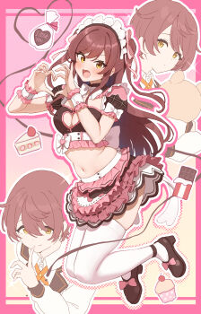 Rule 34 | 2girls, absurdres, alternate hair length, alternate hairstyle, blush, breasts, brown hair, brown shirt, cleavage, cleavage cutout, clothing cutout, commentary request, crop top, four-finger heart hands, hair between eyes, heart, heart cutout, heart hands, highres, idolmaster, idolmaster shiny colors, layered skirt, long sleeves, looking at viewer, midriff, multiple girls, navel, open mouth, osaki amana, osaki tenka, pink skirt, shirt, short hair, siblings, skirt, stomach, thighhighs, thighs, twins, two side up, wanitaroo. (waniwani panic), white headdress, white shirt, white thighhighs, wrist wrap, yellow eyes