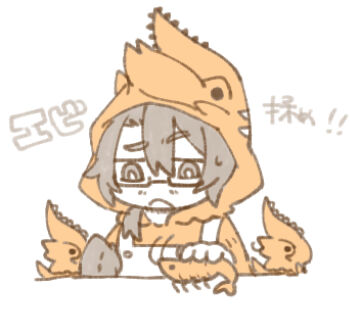 1boy :< :o absurdres alternate_costume animal animal_hood apron arthropod_limbs brown_eyes brown_hair chibi chibi_only e.g.o_(project_moon) ebi_mome_(meme) facial_hair frown glasses gregor_(project_moon) hair_between_eyes hand_on_animal hand_up highres hood hood_up hoodie lily26983455 limbus_company long_hair long_sleeves looking_at_animal looking_down low_ponytail massage meme open_mouth opened_can_of_wellcheers orange_hoodie overalls photoshop_(medium) ponytail project_moon semi-rimless_eyewear shrimp simple_background soda_(e.g.o) solo sparse_stubble stubble sweat sweatdrop tail under-rim_eyewear upper_body white_background