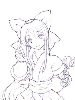1girl ainu_clothes breasts catnip fingerless_gloves gloves hair_ribbon long_hair looking_at_viewer monochrome nakoruru ribbon samurai_spirits small_breasts smile snk solo the_king_of_fighters weapon