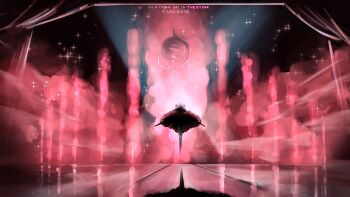 1boy arthropod_boy black_skin colored_skin colored_smoke commentary english_commentary english_text floating full_body highres hollow_knight hollow_knight:_silksong looking_up male_focus mask red_eyes red_fur rinneg0ne_art shadow smoke solo sparkle stage trobbio_(hollow_knight)