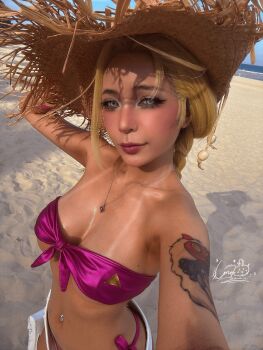 1girl artist_name bikini blonde_hair breasts cammy_white cammy_white_(cosplay) capcom closed_mouth cosplay cosplay_photo female_focus hat highres looking_at_viewer medium_breasts official_alternate_costume outdoors photo_(medium) pink_bikini real_life smile solo straw_hat street_fighter street_fighter_6 swimsuit umekojcosplayer