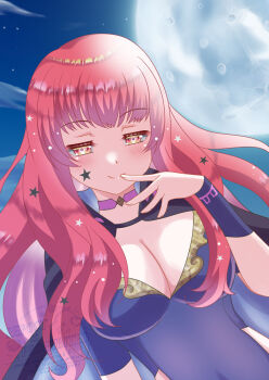 1girl bodysuit breasts choker cleavage clothing_cutout facial_mark fire_emblem fire_emblem_engage hair_ornament large_breasts long_hair looking_at_viewer nintendo pink_choker purple_bodysuit red_eyes red_hair rein_rise side_cutout smile solo star_(symbol) star_facial_mark star_hair_ornament yunaka_(fire_emblem)