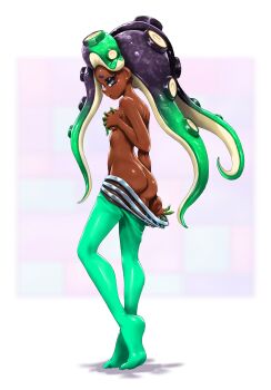 1girl ass black_hair breasts cephalopod_eyes commentary_request covering_breasts covering_privates dark-skinned_female dark_skin from_side grabbing_own_breast green_eyes green_hair green_leggings highres koharu2.5 leggings leggings_pull looking_at_viewer marina_(splatoon) medium_breasts mole mole_under_mouth nintendo octoling parted_lips pink_pupils pulling_own_clothes ribs see-through_clothes shiny_skin sideways_glance solo splatoon_(series) standing tiptoes