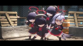 3d 4girls beret black_gloves black_hair black_hat black_serafuku black_skirt blue_archive cargo_pallet chain-link_fence fence freasaloz gloves hair_over_eyes halo hat highres ichika_(blue_archive) justice_task_force_(blue_archive) justice_task_force_member_(blue_archive) letterboxed long_hair multiple_girls neckerchief purple_hair red_eyes red_halo red_neckerchief school_uniform serafuku skirt source_filmmaker_(medium) textless_version