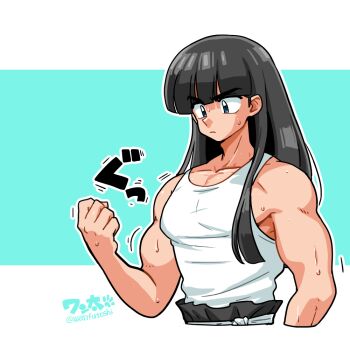 1boy artist_name black_hair blue_background blue_eyes breasts cleavage clenched_hand closed_mouth frown male_focus mousse_(ranma_1/2) muscular muscular_male ranma_1/2 signature solo straight_hair sweat upper_body v-shaped_eyebrows wanta_(futoshi)