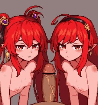 1boy 2girls ahoge animated antenna_hair bar_censor black_hairband breasts censored dungeon_and_fighter erection female_mage_(dungeon_and_fighter) frown grey_background hair_between_eyes hairband loli looking_at_viewer lowres multiple_girls nipples nude ogrepower penis pixel_art sidelocks simple_background small_breasts sweat sweatdrop tagme twintails veins veiny_penis video