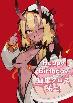 Rule 34 | 1girl, ;d, bell orgel, bikini, birthday cake, black bikini, black collar, blonde hair, blush, breasts, brown eyes, cake, candle, cleavage, collar, commentary, dark-skinned female, dark skin, fang, food, happy birthday, heart, heart collar, highres, hood, hood up, hooded jacket, horns, jacket, large breasts, long hair, long sleeves, looking at viewer, monster girl encyclopedia, navel, off shoulder, one eye closed, open clothes, open jacket, open mouth, orange scrunchie, partially unzipped, pointy ears, puffy long sleeves, puffy sleeves, pyrow (monster girl encyclopedia), red background, scrunchie, simple background, skin fang, smile, solo, string bikini, swimsuit, thumbs up, translated, white hair, wrist scrunchie