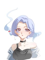 Rule 34 | 1girl, black choker, black tank top, blue eyes, blue hair, breasts, chinese commentary, choker, cleavage, commentary request, earrings, enomoto noa, hair bobbles, hair ornament, highres, jewelry, large breasts, looking at viewer, ningxian, open mouth, parted bangs, saibou shinkyoku, simple background, solo, tank top, white background