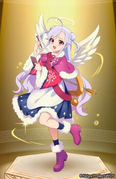 1girl :d angel_wings blush boots double_bun dress full_body fur_trim hair_bun halo holding instrument long_hair long_sleeves niizuma_yae official_art open_mouth red_eyes skirt smile solo very_long_hair white_hair white_wings wings world_dai_star