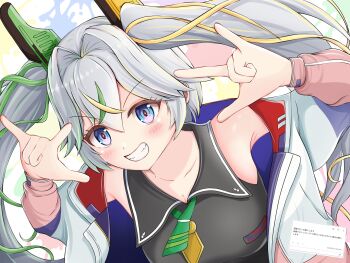 Rule 34 | 1girl, \m/, absurdres, armpits, bare shoulders, black shirt, blonde hair, blue eyes, breasts, clenched teeth, double \m/, dragon musume ni naritakunai!, duel masters, green hair, green necktie, grey hair, hair ornament, highres, jacket, koorizatou82, long hair, multicolored eyes, multicolored hair, multicolored jacket, necktie, odaibako, open clothes, open jacket, pink eyes, pink jacket, purple jacket, red jacket, shirt, short necktie, smile, solo, sukune maron, teeth, twintails, upper body, very long hair, white jacket, yellow necktie
