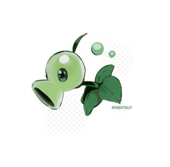 air_bubble artist_name black_eyes bubble chinese_commentary commentary_request film_grain halftone halftone_background hightguy leaf looking_ahead no_humans open_mouth peashooter_(plants_vs._zombies) plant plant_focus plants_vs._zombies simple_background solid_oval_eyes solo white_background