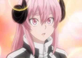 1girl 2025 20s animated animated_gif black_jacket byobugaura_homare female_focus horns jacket long_hair open_mouth pink_eyes pink_hair solo sparkle standing tagme tougen_anki track_jacket