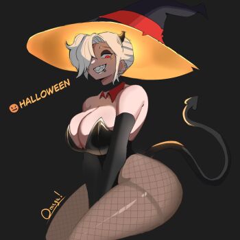 1girl bare_shoulders black_background black_hat black_horns black_leotard bow breasts cleavage covered_navel demon demon_girl demon_horns demon_tail detached_collar face_piercing fishnet_pantyhose fishnets hair_over_one_eye halloween halloween_costume happy_halloween hat helltaker highleg highleg_leotard highres horns jack-o&#039;-lantern large_breasts leotard lip_piercing looking_at_viewer mouth_piercing nose_piercing ozem1305 pantyhose piercing red_eyes sharp_teeth short_hair simple_background solo strapless strapless_leotard tail teeth white_hair witch witch_hat zdrada_(helltaker)