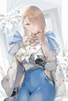 1girl armpits blonde_hair blue_eyes bodystocking breasts brown_dust_(series) brown_dust_2 closed_mouth cropped_jacket earrings expressionless flower fur_scarf gloves hair_over_one_eye highres holding holding_flower jewelry lips long_hair looking_down medium_breasts roart356 shirt single_earring solo very_long_hair white_flower white_gloves wilhelmina_(brown_dust) wilhelmina_(iron_monarch)_(brown_dust_2)