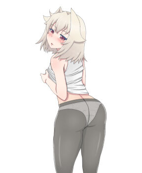 1girl aq_interactive arcana_heart arcana_heart_3 ass bare_shoulders blush examu female_focus from_behind highres looking_at_viewer looking_back naughty_face open_mouth osacanaheart3 panties panties_under_pantyhose pantyhose platinum_blonde_hair shiny_skin shirt short_hair simple_background smile solo undershirt underwear weiss_(arcana_heart) white_background