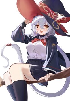 :d absurdres ankle_socks blue_archive bow bowtie braid broom broom_riding broomstick earrings eri_(blue_archive) hakotheboxxx halo hat highres jacket jewelry long_coat long_hair open_mouth orange_eyes shirt skirt smile socks sweater white_hair wing witch_hat