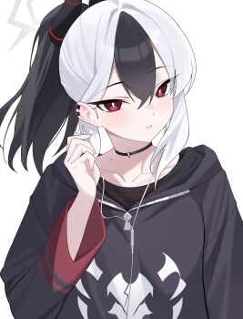 1girl absurdres black_choker black_hair black_hoodie black_horns blue_archive choker collarbone ddog demon_horns ear_piercing earphones halo highres holding holding_earphones hood hood_down hoodie horns kayoko_(blue_archive) long_sleeves looking_at_viewer mole mole_on_shoulder multicolored_hair parted_lips piercing ponytail red_eyes simple_background solo two-tone_hair white_background white_hair