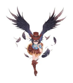 Rule 34 | 1girl, bandana, bandana around neck, black wings, blue bandana, blue shirt, boots, brown boots, brown hat, chinese commentary, commentary request, cowboy hat, devilkillerx, falling feathers, feathered wings, feathers, full body, hat, highres, kurokoma saki, lace-up boots, orange skirt, overskirt, red eyes, running, shirt, simple background, skirt, solo, touhou, white background, wings