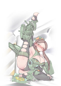 1girl aircraft_hanger arm_up armor armpits bare_shoulders black_thighhighs blush breasts brown_hair cleavage commentary_request gundam hair_ornament hand_on_own_knee highres large_breasts leg_up leotard long_hair looking_at_viewer mobile_suit_gundam musai orange_eyes parted_bangs pelvis personification ponytail pussy_juice round_eyewear sitting_split solo split stirrup_legwear sweat thighhighs toeless_legwear torn_clothes torn_thighhighs weapon yazawa_owl