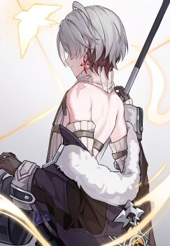 1boy ahe63011 back black_gloves black_jacket closed_mouth commentary detached_sleeves earrings from_side fur-trimmed_jacket fur_trim genshin_impact gloves grey_hair highres holding holding_lantern holding_weapon illuga_(genshin_impact) jacket jewelry lantern male_focus mole mole_under_eye multicolored_hair open_clothes open_jacket red_hair scar scar_on_shoulder simple_background solo symbol-only_commentary turtleneck weapon