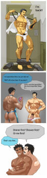 2boys abs apron body_hair bulge facial_hair full_body highres inmomakuro male_focus multiple_boys muscular mustache necktie nipples original pectorals penis text_focus timer underwear undressing yaoi