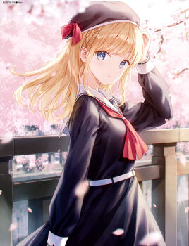 1girl absurdres artist_name belt beret black_dress black_hat blonde_hair blue_eyes braid cherry_blossoms cherry_tree cowboy_shot dengeki_moeoh dress falling_petals from_side hand_on_own_head hand_up hat highres hiten_(hitenkei) long_hair long_sleeves looking_at_viewer looking_to_the_side magazine_scan neckerchief original outdoors parted_lips petals pink_petals railing red_neckerchief sailor_collar sailor_dress scan school_uniform side_braid sidelocks solo swept_bangs third-party_source white_belt white_sailor_collar wind wooden_railing