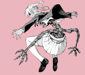 1girl android blazer extra_arms greyscale_with_colored_background grin highres jacket kato_takuji long_sleeves looking_at_viewer looking_to_the_side mechabare mechanical_arms original outstretched_arms pink_background shirt shoes short_hair simple_background smile solo spread_arms thighhighs twintails