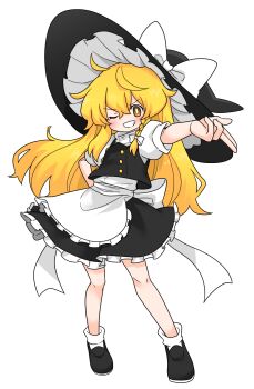 1girl apron back_bow black_hat black_shoes black_skirt black_vest blonde_hair blush bow braid commentary_request frilled_skirt frills full_body grin hair_bow hat hat_bow highres kirisame_marisa kumanou22 long_hair puffy_short_sleeves puffy_sleeves shoes short_sleeves side_braid single_braid skirt smile socks solo touhou transparent_background very_long_hair vest waist_apron white_apron white_bow white_socks witch_hat