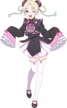 1girl ;d black_shirt black_shoes black_skirt blonde_hair blue_eyes blue_hair braid braided_hair_rings bun_cover chinese_clothes colored_tips crop_top crop_top_overhang curtained_hair double_bun fang flower_knot frilled_skirt frilled_sleeves frills full_body game_cg gradient_hair hair_bun hair_rings hasu_no_sora_pop_up_shop_china_collection link!_like!_love_live! long_hair long_sleeves looking_at_viewer love_live! miniskirt multicolored_hair non-web_source official_alternate_costume official_art one_eye_closed open_mouth osawa_rurino parted_bangs shirt shoes simple_background skirt sleeves_past_fingers sleeves_past_wrists smile solo tassel thighhighs transparent_background twin_braids virtual_youtuber white_skirt white_thighhighs zettai_ryouiki