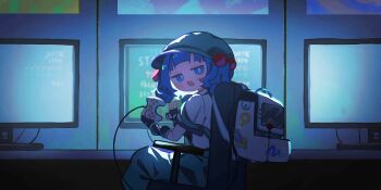 1girl alternate_costume black_gloves blue_eyes blue_hair blue_overalls comic_lo controller fang fingerless_gloves game_cg game_controller gloves green_hat hair_bobbles hair_ornament hat headphones headphones_around_neck highres holding holding_controller holding_game_controller kawashiro_nitori looking_at_viewer looking_back monitor official_art open_mouth overalls shirt sitting skin_fang smile solo strap_slip third-party_source ti_owo touhou touhou_lostword v white_shirt