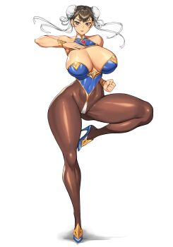 1girl adapted_costume balancing blue_shoes bracelet breasts brown_eyes brown_hair brown_pantyhose bun_cover cameltoe capcom chinese_clothes chun-li cleavage closed_mouth curvy earrings female_focus full_body gurimjang high_heels highres huge_breasts jewelry looking_at_viewer matching_hair/eyes narrow_waist pantyhose shoes short_hair simple_background solo standing standing_on_one_leg street_fighter thick_thighs thighs white_background wide_hips