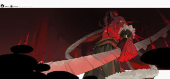 1boy alcides_(fate) bow_(weapon) chain chinese_commentary commentary covered_face fate/strange_fake fate_(series) fur_trim heracles_(fate) highres holding holding_bow_(weapon) holding_weapon li-mi long_hair male_focus muscular muscular_male red_background red_hair red_skirt skirt solo topless_male weapon