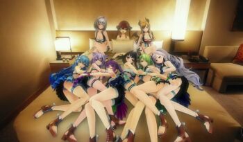 3d 6+girls animal_ears bikini bikini_skirt cat_ears cat_tail ceres_fauna demon_horns demon_tail demon_wings highres hololive hololive_english hololive_indonesia hololive_summer_2023_swimsuit horns hotel_room houshou_marine jewelry multiple_girls nail_polish nekomata_okayu official_art ouro_kronii pavolia_reine pointy_ears screencap shirogane_noel swimsuit tail thighlet toeless_footwear tokoyami_towa virtual_youtuber wings yukihana_lamy yuzuki_choco