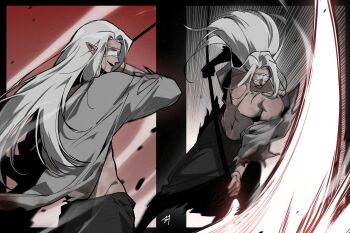 Rule 34 | 1boy, axe, bandages, bandages over eyes, bbabbamis2, black skirt, blood, blood on clothes, bloody bandages, coat, commentary request, grey coat, grey hair, highres, holding, holding axe, holding weapon, homicipher, korean commentary, long hair, male focus, mr. silvair, multiple views, pointy ears, skirt, toned, toned male, weapon