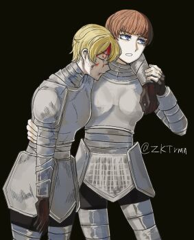 2girls arm_over_shoulder armor black_background blonde_hair blood blood_on_face blue_eyes blunt_bangs brown_gloves closed_eyes cowboy_shot d'arce_(fear_&amp;_hunger) fear_&amp;_hunger fear_&amp;_hunger_(series) fear_&amp;_hunger_1 fingerless_gloves gloves highres jeanne_(fear_&amp;_hunger) looking_ahead multiple_girls orange_hair parted_lips short_hair simple_background twitter_username zokukotsu_ramen