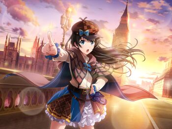 Rule 34 | 1girl, belt, black hair, brown belt, brown cape, brown capelet, brown hat, cape, capelet, collared shirt, cosplay, elizabeth tower, floating hair, frilled skirt, frills, game cg, hand on own hip, hat, hood, hood down, hooded capelet, index finger raised, kagura hikari, layered skirt, long hair, long sleeves, looking at viewer, morning, newsboy cap, official art, outdoors, pointing, pointing at viewer, road, sherlock holmes, sherlock holmes (cosplay), shirt, shoujo kageki revue starlight, shoujo kageki revue starlight -re live-, skirt, solo, standing, street, the adventures of sherlock holmes, upper body, white shirt, white skirt