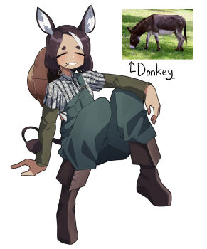 1girl absurdres animal animal_ears bad_id bad_pixiv_id blue_overalls boots brown_boots brown_hair closed_eyes collared_shirt dark-skinned_female dark_skin donkey donkey_ears donkey_girl donkey_tail facing_viewer full_body green_shirt grin hat hat_on_back highres junkzero knees_up long_sleeves mouth_hold multicolored_hair original overalls personification photo_inset plaid_clothes plaid_shirt reference_inset shirt short_eyebrows simple_background sitting smile solo stalk_in_mouth straw_hat streaked_hair two-tone_hair unworn_hat unworn_headwear white_background white_hair white_shirt