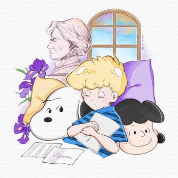 Rule 34 | 1boy, 1girl, black hair, blonde hair, blue shirt, bust (sculpture), charles schulz (style), closed eyes, commentary request, dog, flower, happy birthday, highres, ludwig van beethoven, peanuts (comic), pillow, qinyuan224, schroeder (peanuts), shirt, short hair, smile, snoopy, striped clothes, striped shirt, window