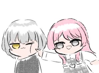 Rule 34 | 2girls, :3, bang dream!, bang dream! it's mygo!!!!!, cheek poking, chihaya anon, commentary request, dress, fang, grey dress, highres, jo8blhrvkta6duw, kaname raana, long sleeves, multiple girls, one eye closed, open mouth, pinafore dress, pink hair, poking, shirt, short hair, simple background, skin fang, sleeveless, sleeveless dress, white background, white hair, white shirt, yellow eyes