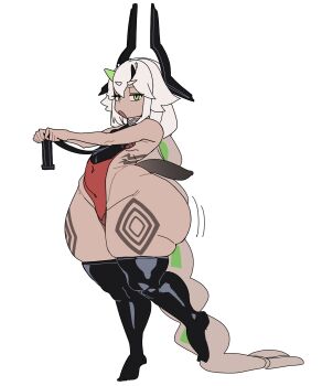 1girl absurdres black_thighhighs braid breasts covered_navel dark-skinned_female dark_skin green_eyes green_hair grey_hair gya_rb highres horns leotard long_braid long_hair multicolored_hair open_mouth original plump red_leotard sideless_leotard single_braid small_breasts solo standing tail thick_thighs thigh_marking thighhighs thighs very_long_hair white_background wide_hips