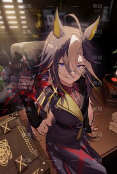 1girl ahoge animal_ears belt black_belt black_coat blue_eyes book book_stack broken_glass brown_hair cai_ji_(user_jmrv4342) clenched_hand closed_mouth coat collared_shirt commentary_request cost cup dream_journey_(umamusume) drinking_glass ear_ornament eyewear_strap glass gloves grin hair_between_eyes highres holding holding_cup horse_ears horse_girl horse_tail indoors jewelry long_hair looking_at_viewer multicolored_hair multiple_rings phonograph red_nails red_shirt rimless_eyewear ring shirt single_glove sitting sitting_on_table sleeves_past_wrists smile solo streaked_hair tail umamusume v-shaped_eyebrows very_long_hair watermark white_hair window window_blinds wine_glass wooden_desk